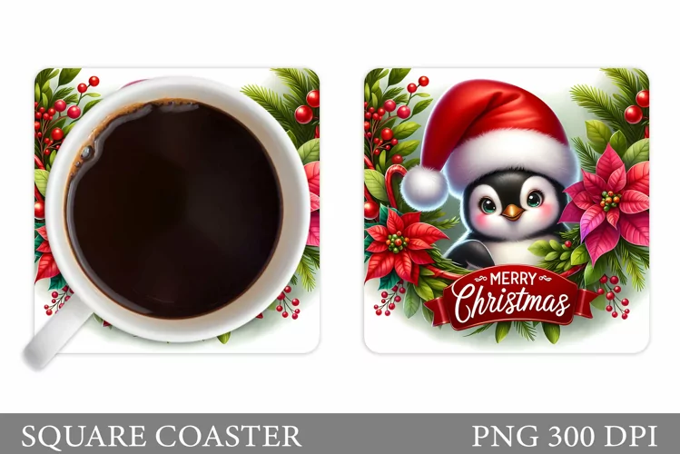 Cute Penguin Coaster Sublimation. Christmas Coaster Design