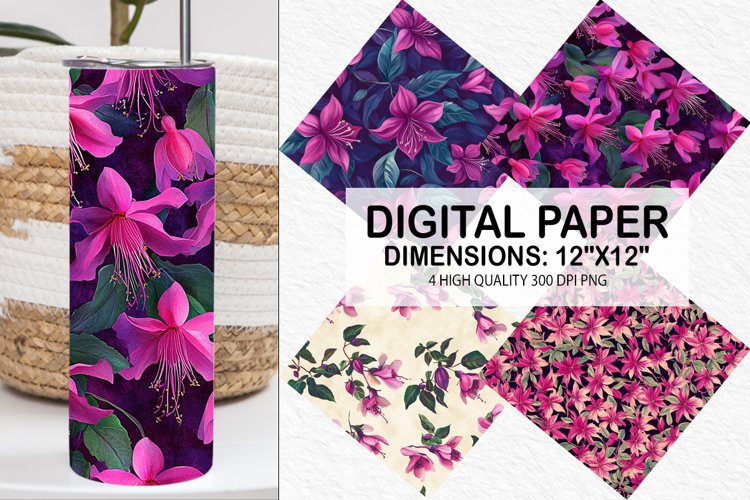 Fuchsia Flowers Pattern Digital Paper- Flowers Background