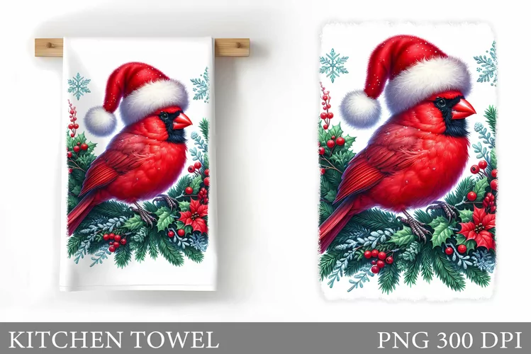 Cardinal Kitchen Towel. Christmas Bird Kitchen Towel Design