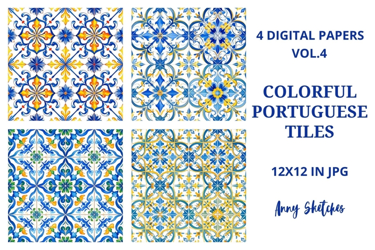 4 Colourful Portuguese Tiles Azulejos Bright Mediterranean