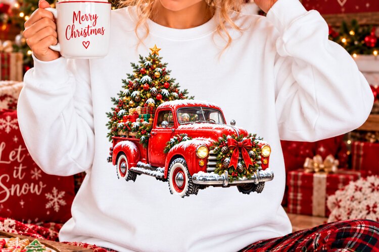 Vintage Red Christmas Truck Tree Sublimation PNG example image 1