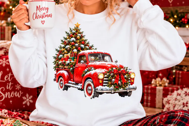 Vintage Red Christmas Truck Tree Sublimation PNG