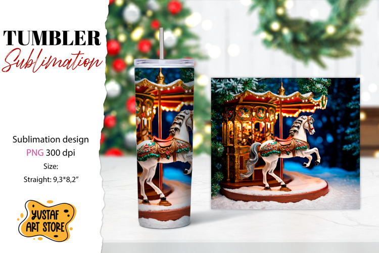 Christmas tumbler sublimation. Christmas horse carousel