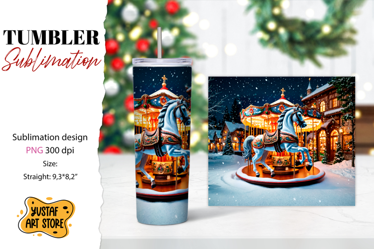 Christmas tumbler sublimation. Christmas horse carousel