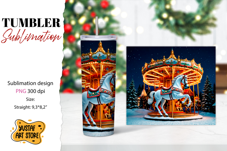 Christmas tumbler sublimation. Christmas horse carousel
