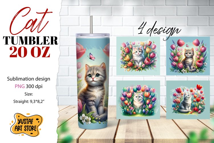 Cat tumbler wrap. Cute cat in flowers sublimation 4 design example image 1