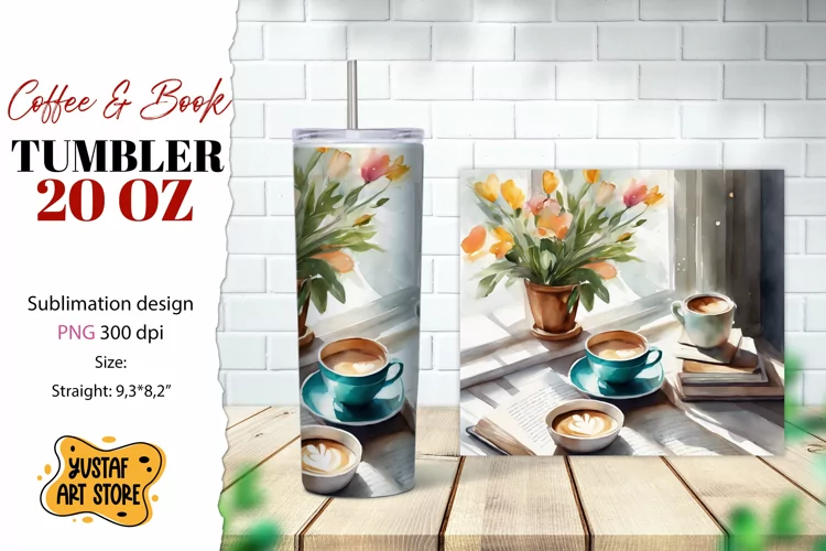 Coffee tumbler wrap. Coffee and book sublimation design