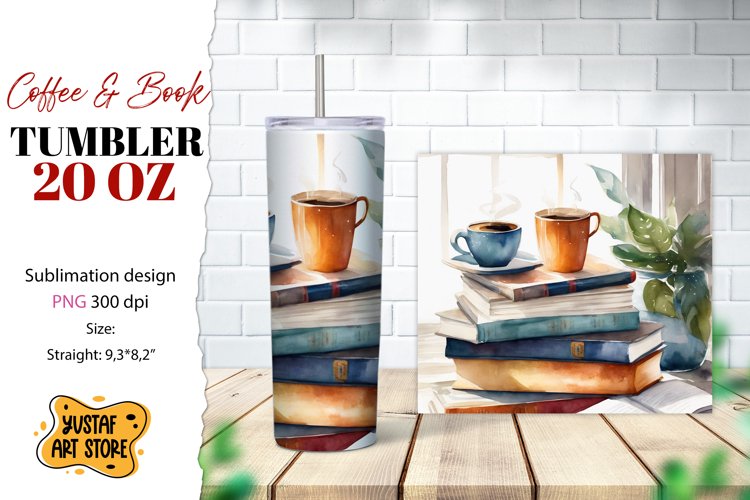 Coffee tumbler wrap. Coffee and book sublimation design example image 1