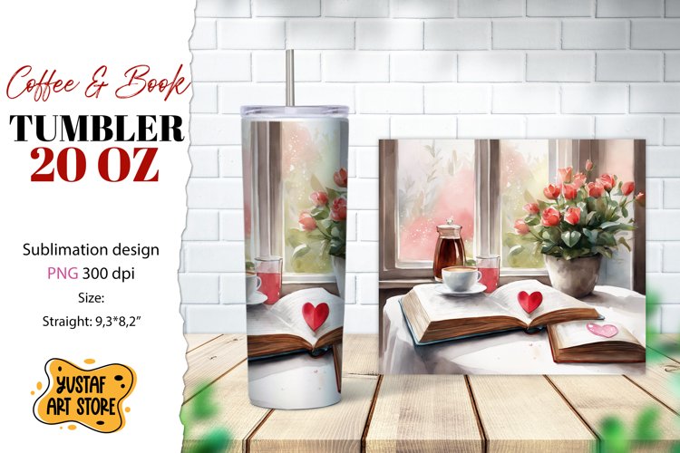 Coffee tumbler wrap. Coffee and book sublimation design example image 1