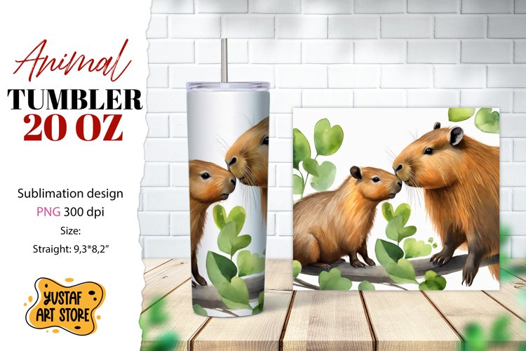 Animal tumbler sublimation. Mom and baby capybara tumbler