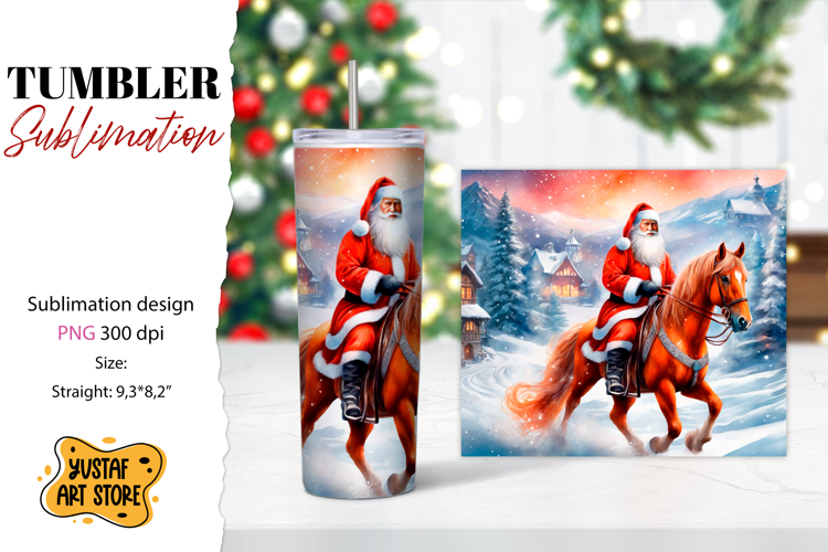 Christmas tumbler sublimation.Santa Claus and horse tumbler