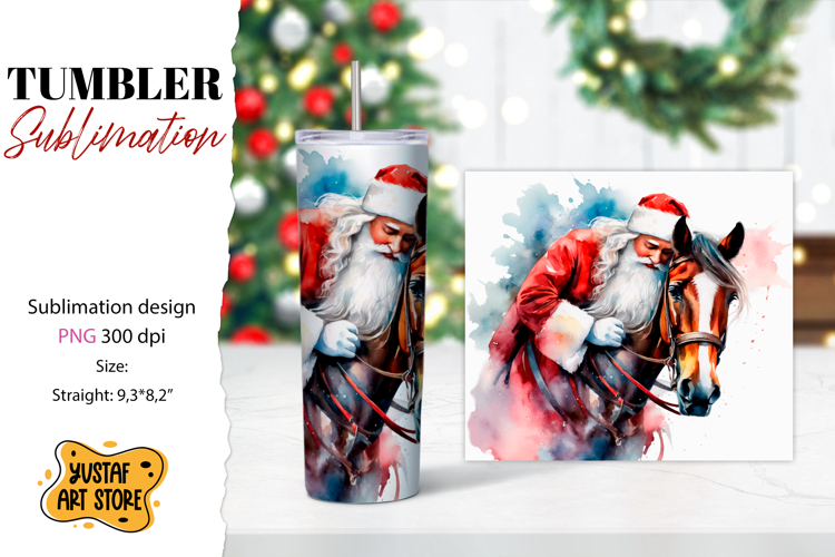 Christmas tumbler sublimation.Santa Claus and horse tumbler