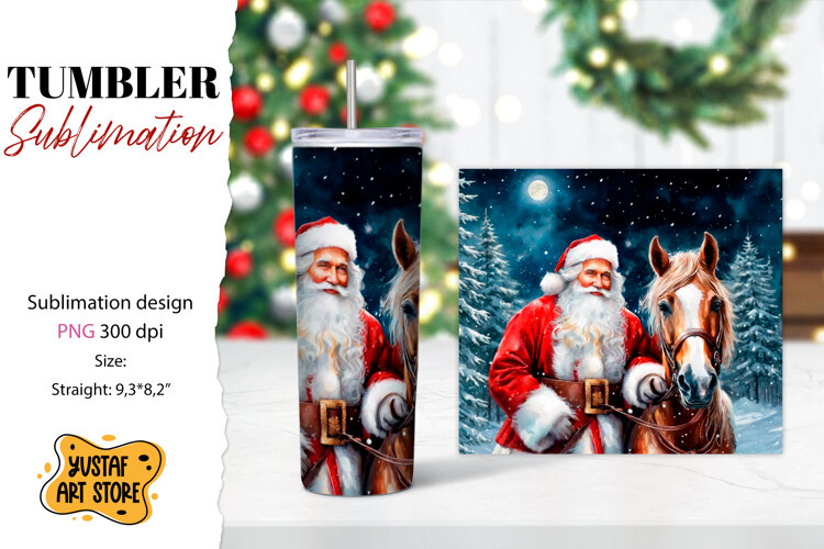 Christmas tumbler sublimation.Santa Claus and horse tumbler example image 1