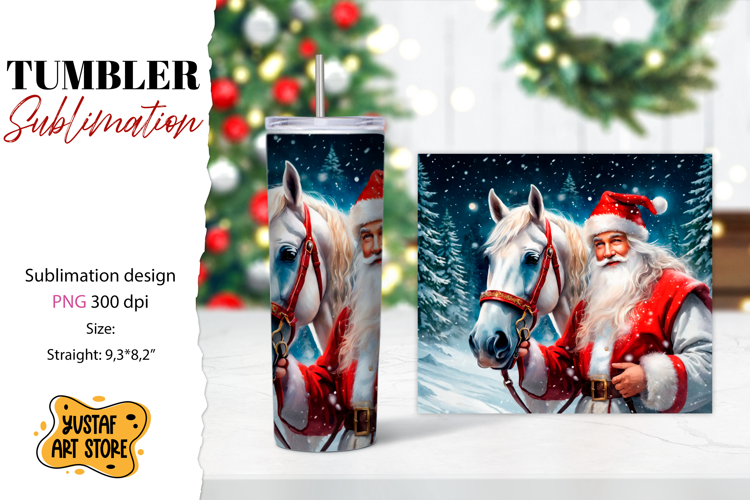 Christmas tumbler sublimation.Santa Claus and horse tumbler