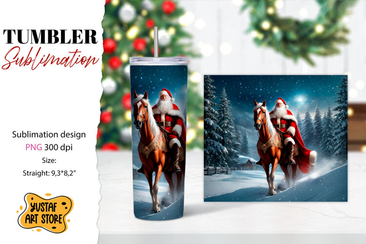Christmas tumbler sublimation.Santa Claus and horse tumbler example image 1