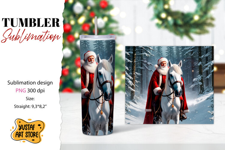 Christmas tumbler sublimation.Santa Claus and horse tumbler example image 1