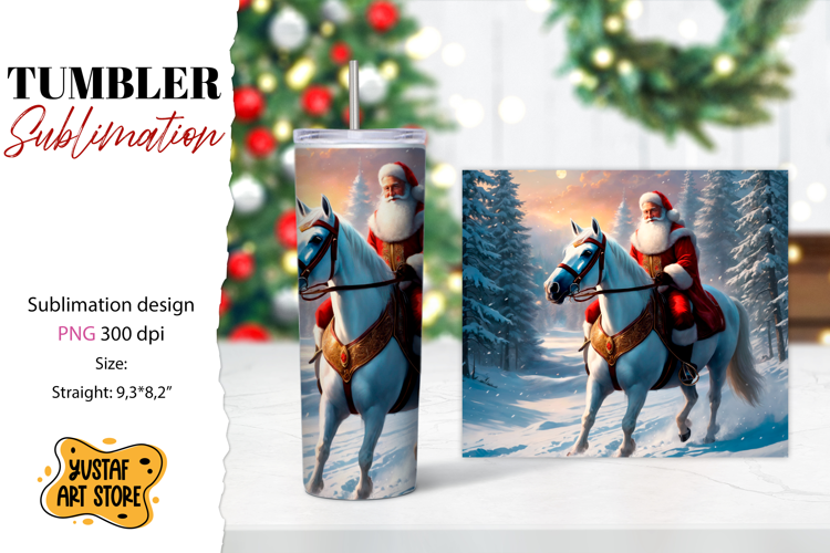 Christmas tumbler sublimation.Santa Claus and horse tumbler