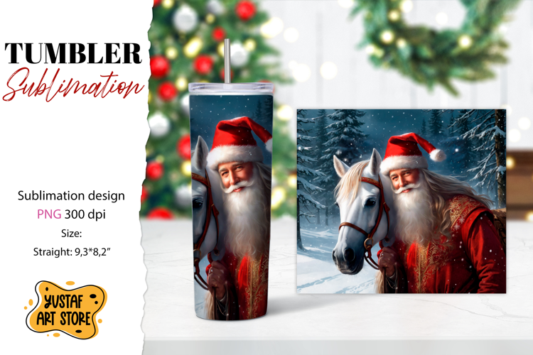 Christmas tumbler sublimation.Santa Claus and horse tumbler
