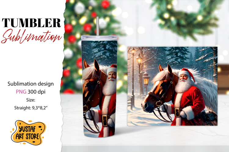 Christmas tumbler sublimation.Santa Claus and horse tumbler