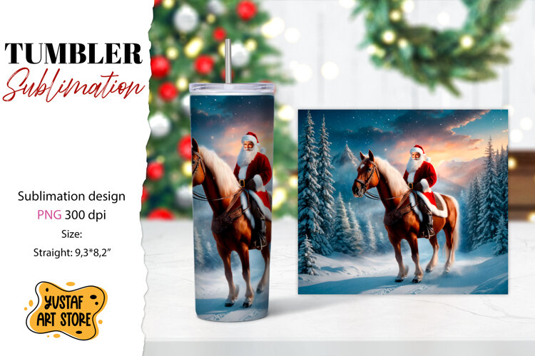 Christmas tumbler sublimation.Santa Claus and horse tumbler example image 1