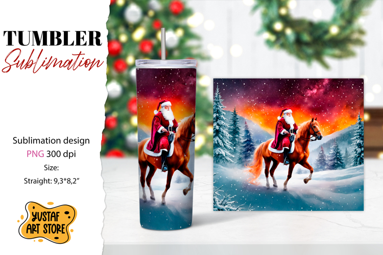 Christmas tumbler sublimation.Santa Claus and horse tumbler