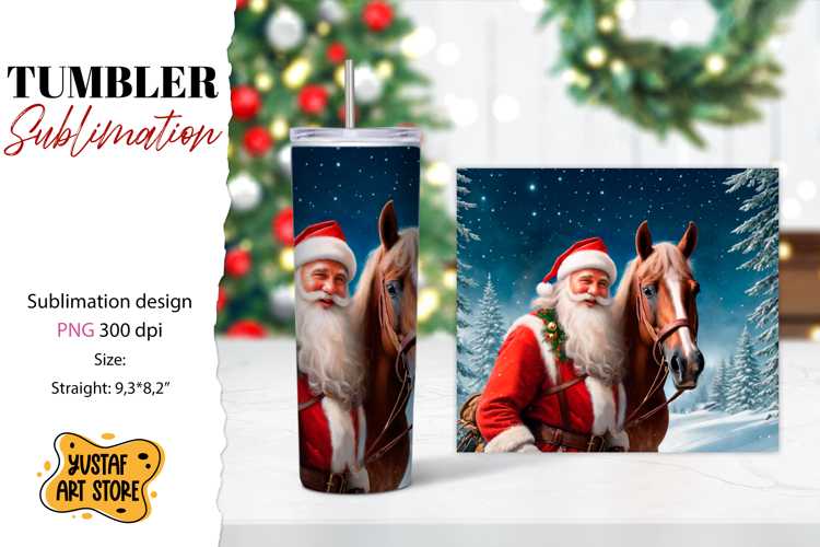 Christmas tumbler sublimation.Santa Claus and horse tumbler