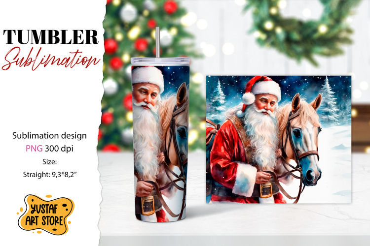 Christmas tumbler sublimation.Santa Claus and horse tumbler