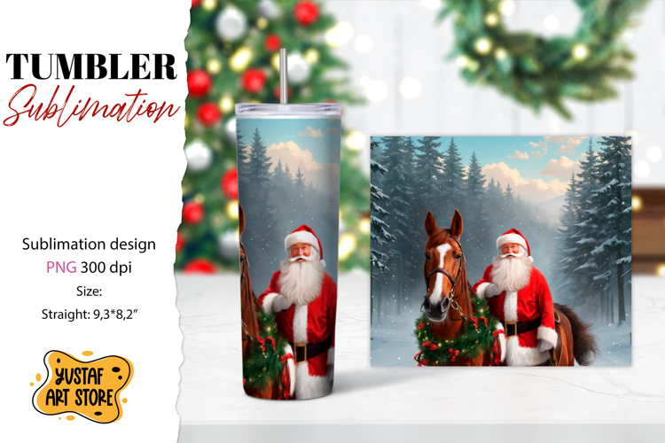 Christmas tumbler sublimation.Santa Claus and horse tumbler