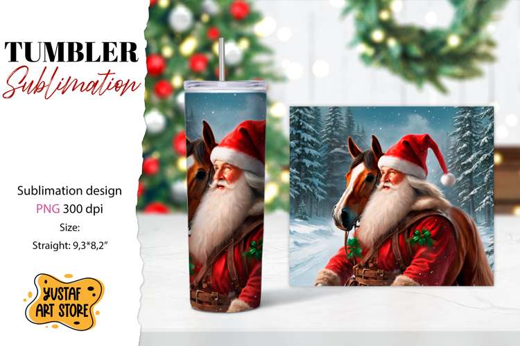 Christmas tumbler sublimation.Santa Claus and horse tumbler