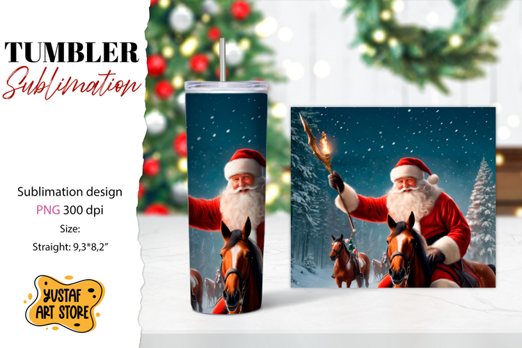 Christmas tumbler sublimation.Santa Claus and horse tumbler