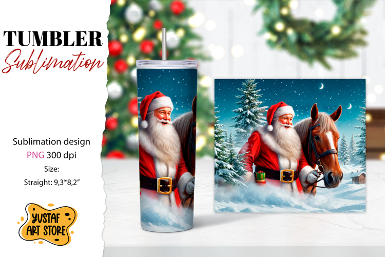Christmas tumbler sublimation.Santa Claus and horse tumbler