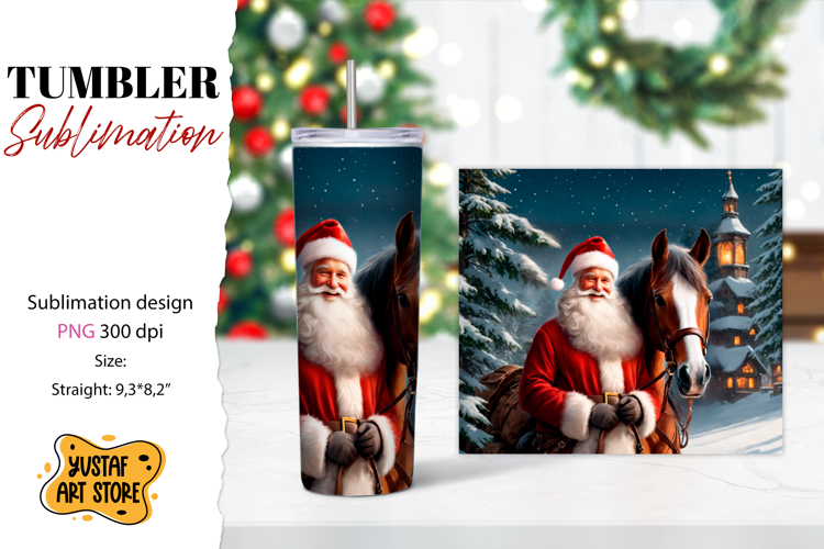 Christmas tumbler sublimation.Santa Claus and horse tumbler