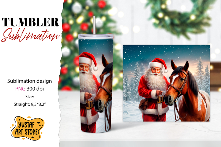 Christmas tumbler sublimation.Santa Claus and horse tumbler