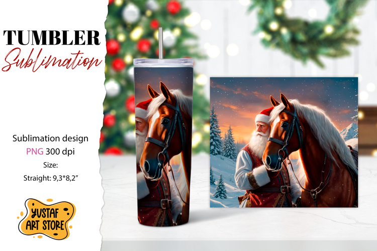 Christmas tumbler sublimation.Santa Claus and horse tumbler