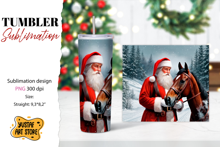 Christmas tumbler sublimation.Santa Claus and horse tumbler