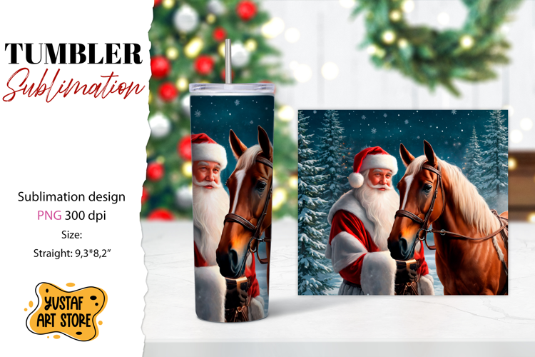 Christmas tumbler sublimation.Santa Claus and horse tumbler