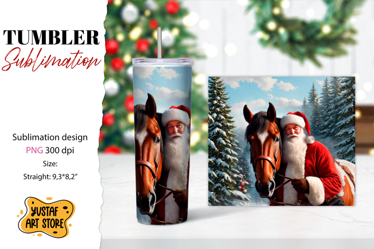 Christmas tumbler sublimation.Santa Claus and horse tumbler