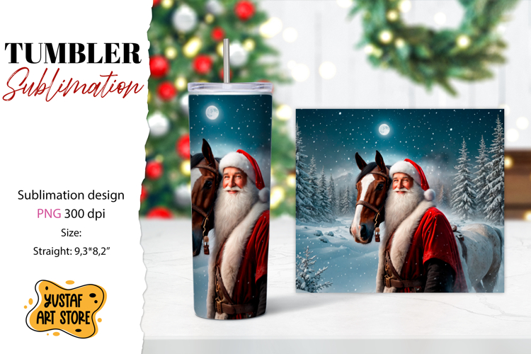 Christmas tumbler sublimation.Santa Claus and horse tumbler