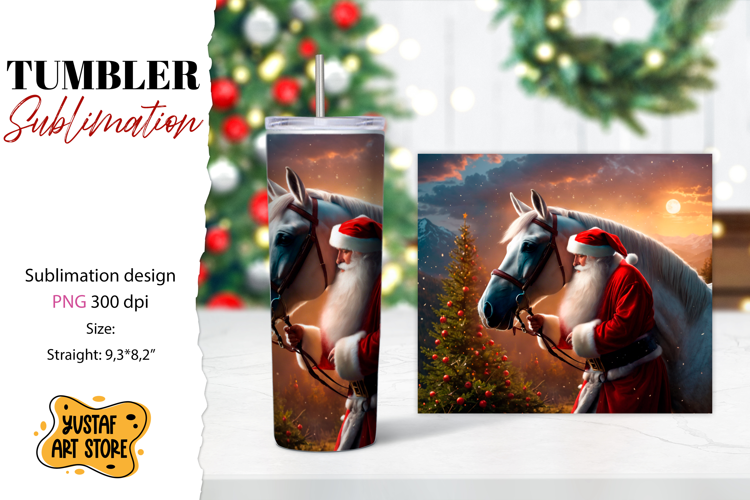 Christmas tumbler sublimation.Santa Claus and horse tumbler