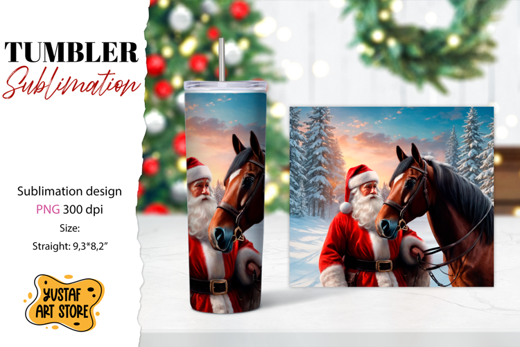 Christmas tumbler sublimation.Santa Claus and horse tumbler