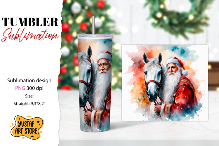 Christmas tumbler sublimation.Santa Claus and horse tumbler example image 1