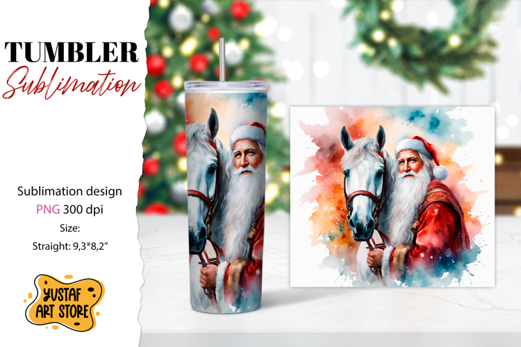 Christmas tumbler sublimation.Santa Claus and horse tumbler