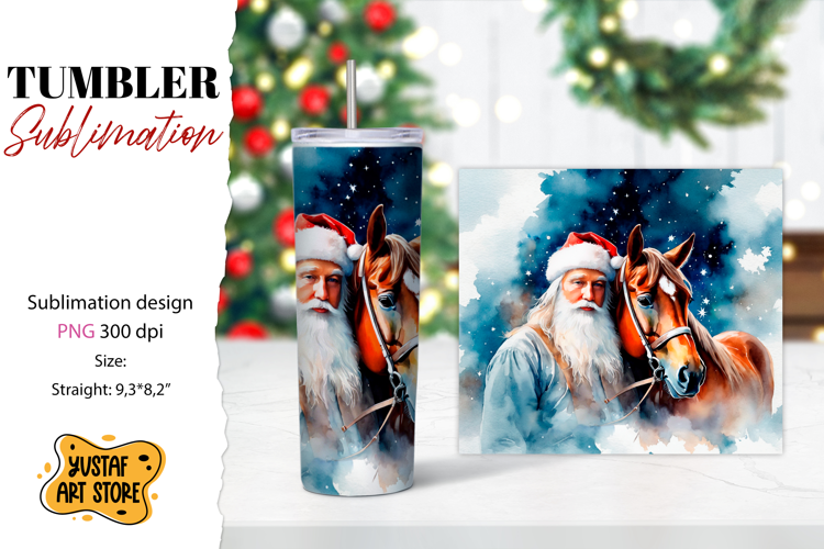 Christmas tumbler sublimation.Santa Claus and horse tumbler
