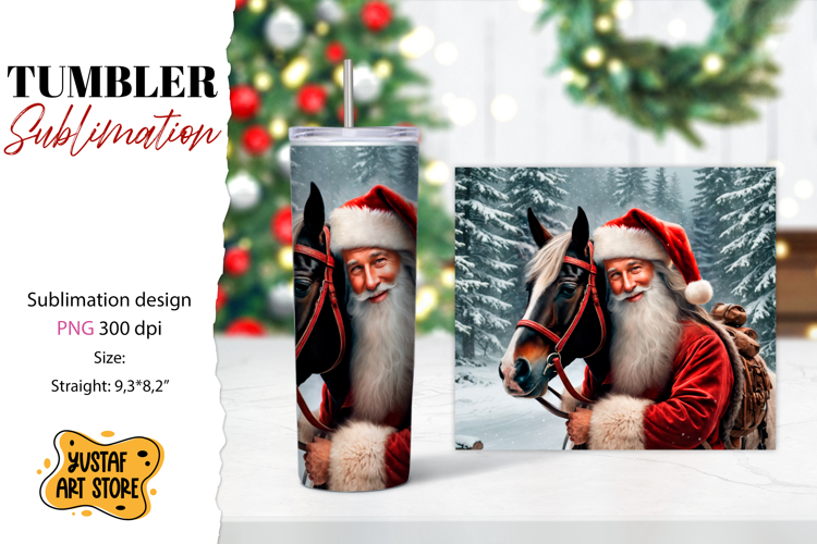 Christmas tumbler sublimation.Santa Claus and horse tumbler