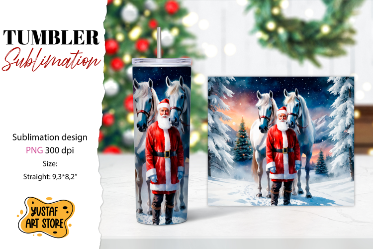 Christmas tumbler sublimation.Santa Claus and horse tumbler
