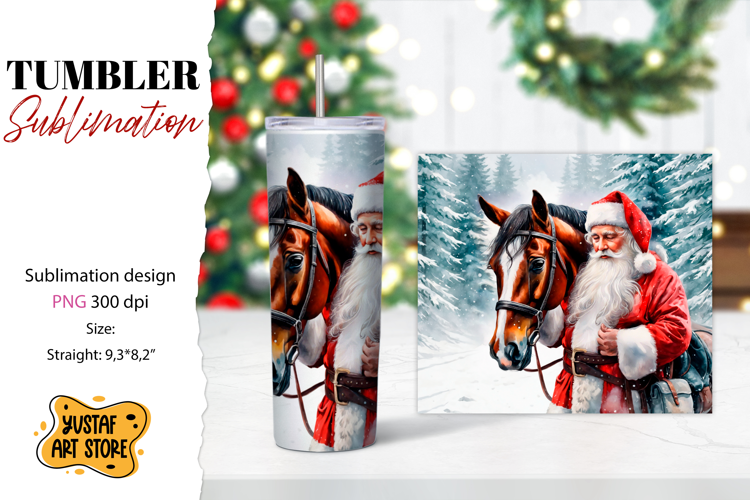 Christmas tumbler sublimation.Santa Claus and horse tumbler