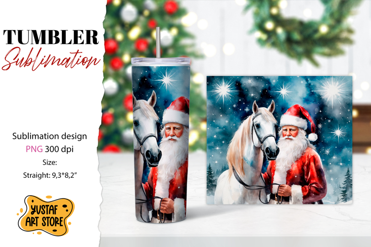 Christmas tumbler sublimation.Santa Claus and horse tumbler
