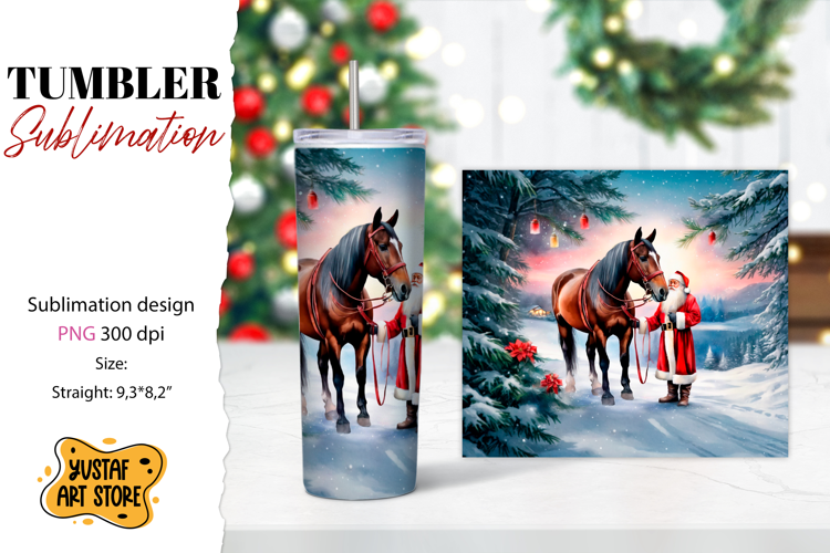 Christmas tumbler sublimation.Santa Claus and horse tumbler