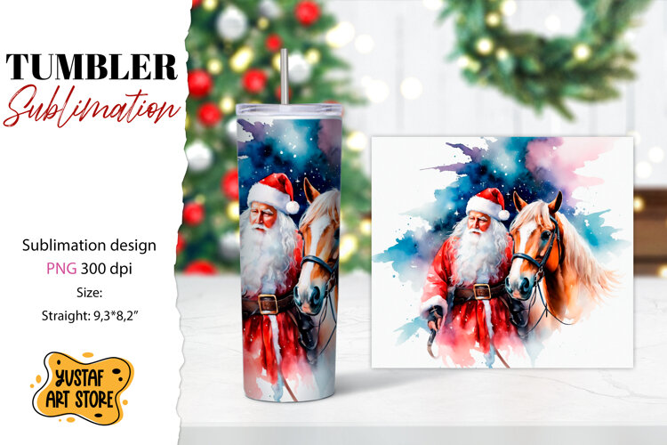 Christmas tumbler sublimation.Santa Claus and horse tumbler example image 1