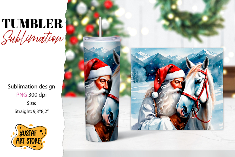 Christmas tumbler sublimation.Santa Claus and horse tumbler